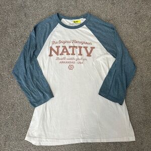 Nativ shirt mens XL white blue outdoor raglan outdoor casual spell out travel